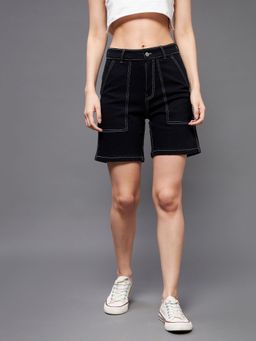 Miss Chase - Women's Black Regular High Rise Above Knee Stretchable Denim Shorts