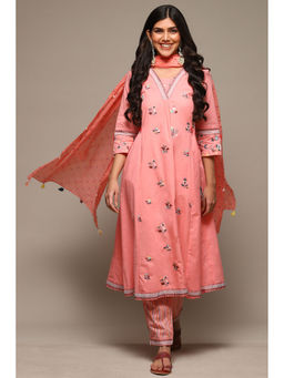 Biba - Womens Pink Embroidered Cotton Gathered Suit (Set of 3)