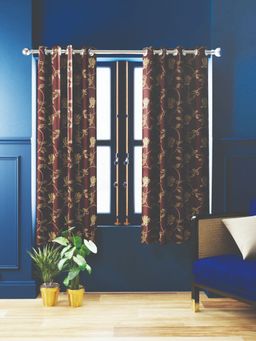 BIANCA - 100% Blackout Thermal Insulated Noise Reducing Eyelet Curtain 2 Pcs Floral Brown (5 Feet)