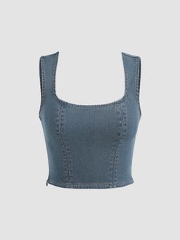 Cider - Denim Stitch Zip Up Crop Top