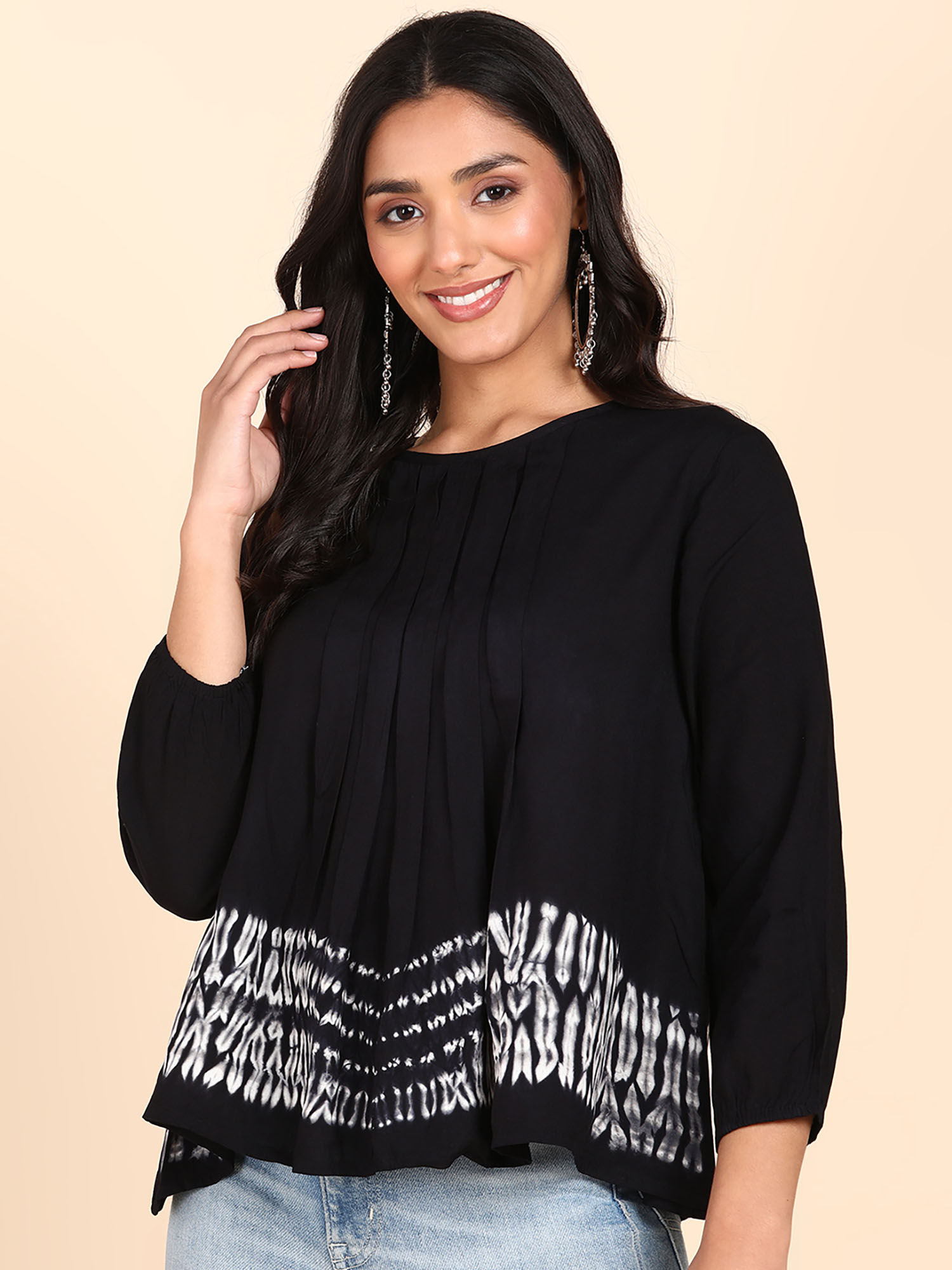 maaesa Black Rayon Pleated Tie Dye Top-picture-19