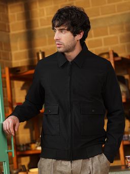 Campus Sutra - Men's Obsidian Black Zip-Front Solid-Jacquard Jacket