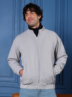 Campus Sutra - Men's Cloud Grey Chevron Panel-Tactile Bomber Jacket