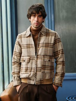 Campus Sutra - Men's Khaki Beige Zip-Front Plaid Jacket