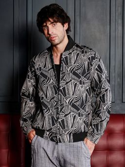 Campus Sutra - Men's Midnight Black Stroke-Jacquard Bomber Jacket