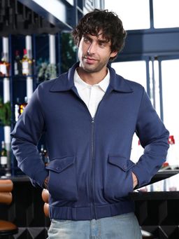 Campus Sutra - Men's Indigo Blue Zip-Front Knit Jacket