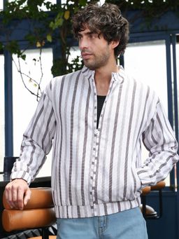 Campus Sutra - Men's Chocolate Brown and Chalk White Striped-Dobby Bomber Jacket