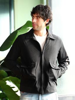 Campus Sutra - Men's Obsidian Black Zip-Front Solid-Jacquard Jacket