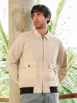 Campus Sutra - Men's Cream Zip-Front Geometric-Jacquard Jacket
