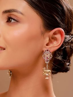 Voylla - Floral Gaja Pearl Drop Dual Tone Earrings