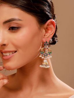 Voylla - Green Stone Floral Jhumka Pearl Earrings