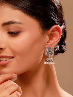 Voylla - Green Stone Square Stud Jhumka Oxidised Earrings