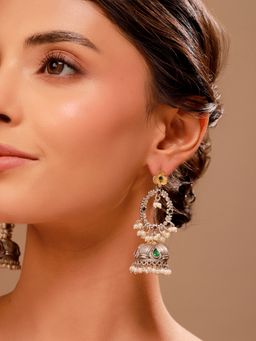 Voylla - Oxidised Green Stone and Pearl Jhumka Earrings