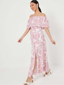 Styli - Multi-color Off Shoulder Floral Print A-line Maxi Dress With Split Hem