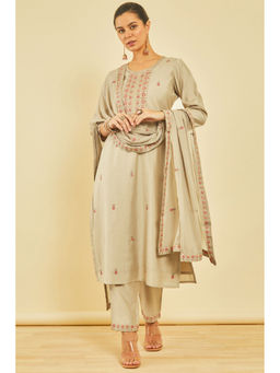 Soch - Womens Beige Chanderi Embroidered Kurta with Pant and Dupatta (Set of 3)