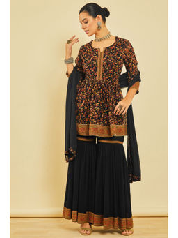 Soch - Womens Black Georgette Floral Print Kurti with Sharara and Dupatta (Set of 3)
