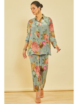 Soch - Womens Blue Floral Print Viscose Crepe Co-Ord (Set of 2)