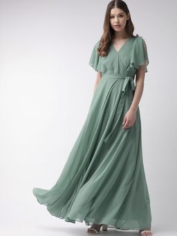 Twenty Dresses by Nykaa Fashion - Pastel Green Solid V Neck Evening Gown