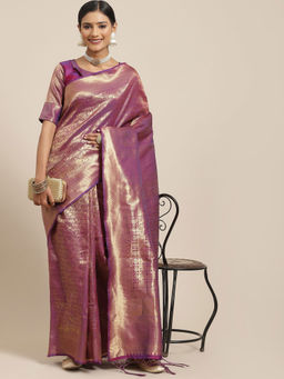 Sareemall - Women's Kanjeevaram Silk Purple Woven Design Woven Saree with Unstitched Blouse