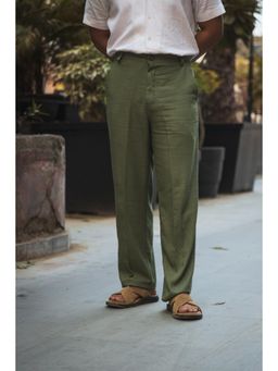 JAVINISHKA - Olive Green High Waist Korean Fit Linen Trouser
