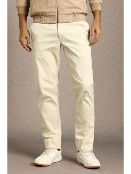 Louis Philippe - Mens Beige Solid Flat Front Casual Trouser