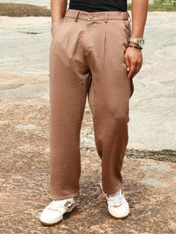 Campus Sutra - Mens Bronze Brown Creased Pleated Straight Trouser