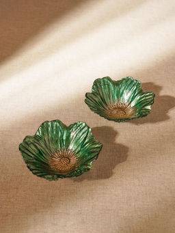 Pure Home + Living - Set of 2 Green and Gold Floral Shaped Glass Small Bowls