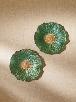 Pure Home + Living - Set of 2 Green and Gold Floral Shaped Glass Dessert Plates