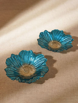 Pure Home + Living - Set of 2 Teal Floral Shaped Glass Serving Bowls