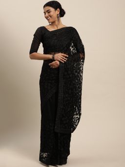 VAIRAGEE - Black Floral Embroidered Net Saree with Unstitched Blouse
