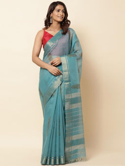 Fabindia - Turquoise Cotton Silk Butta Hand Block Printed Saree with Unstitched Blouse