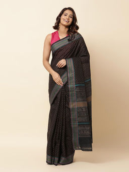 Fabindia - Black Cotton Hand Block Printed Saree