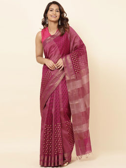 Fabindia - Pink Cotton Silk Blend Hand Block Printed Saree with Unstitched Blouse