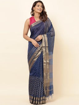Fabindia - Blue Cotton Silk Blend Hand Block Printed Saree with Unstitched Blouse