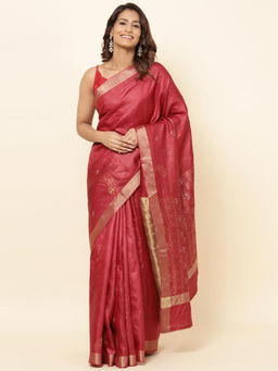 Fabindia - Red Silk Blend Woven Saree with Unstitched Blouse