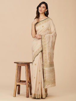 Fabindia - Beige Cotton Silk Embroidered Saree with Unstitched Blouse
