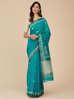 Fabindia - Teal Cotton Silk Embroidered Saree with Unstitched Blouse