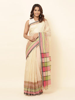 Fabindia - Beige Cotton Hand Block Printed Saree with Unstitched Blouse