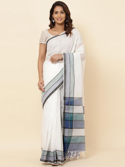Fabindia - Natural Cotton Hand Block Printed Saree with Unstitched Blouse