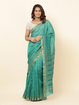 Fabindia - Blue Cotton Silk Chota Butta Hand Block Printed Saree with Unstitched Blouse