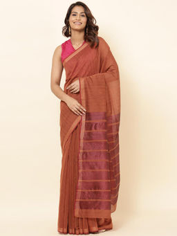Fabindia - Rust Cotton Silk Jaal Hand Woven Saree with Unstitched Blouse