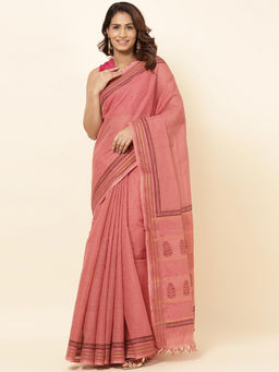 Fabindia - Pink Cotton Hand Block Printed Saree with Unstitched Blouse