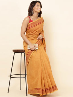 Fabindia - Yellow Cotton Hand Block Printed Saree with Unstitched Blouse
