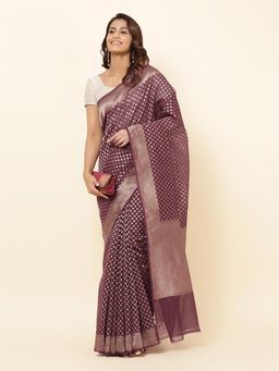 Fabindia - Wine Cotton Silk Printed Woven Saree with Unstitched Blouse