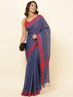 Fabindia - Navy Linen Blend Hand Woven Saree