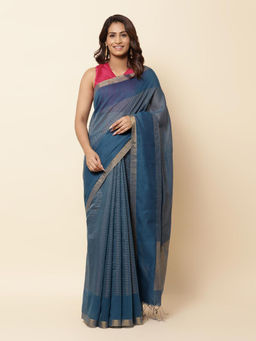 Fabindia - Navy Cotton Silk Hand Woven Saree with Unstitched Blouse