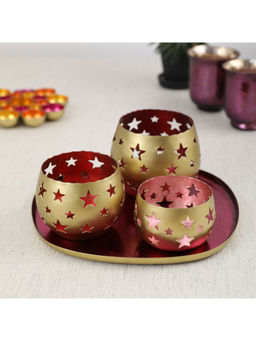 HomeTown - Aruba Iron Set of 4 Cut Work Votive with Platter in Pink Colour