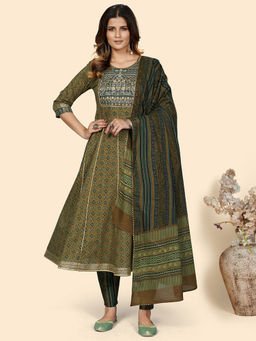 Vbuyz - Women's Print & Embroidered Anarkali Cotton Green Kurta Pants with Dupatta (Set of 3)