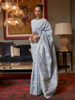 Odette - Festive Silver Silk Blend Woven Saree with Unstitched Blouse