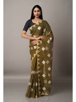 Unnati Silks - Olive Cross Stitched Embroidered Super Net Saree with Unstitched Blouse